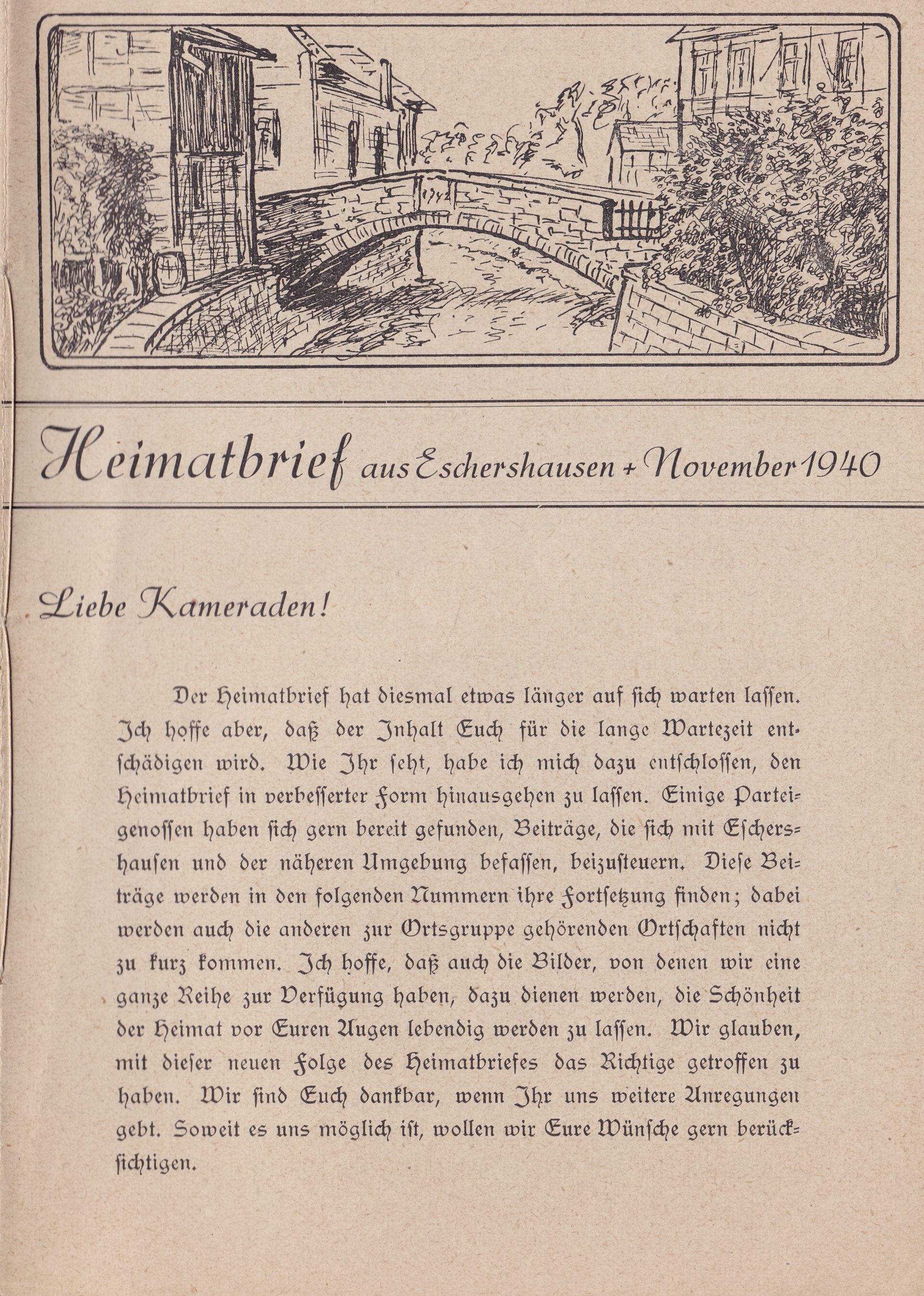 Frontseite des Eschershäuser Heimatbriefes vom November 1940
